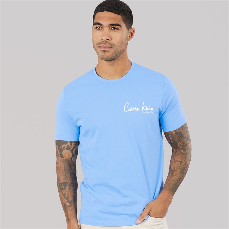 Calvin Klein Jeans Mens Front And Back Print Graphic T-Shirt Blue Descent - Image 1