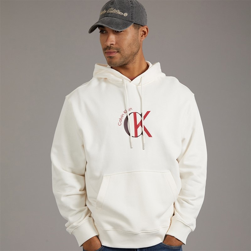 Calvin Klein Jeans Mens Graphic Logo Hoodie White Greige