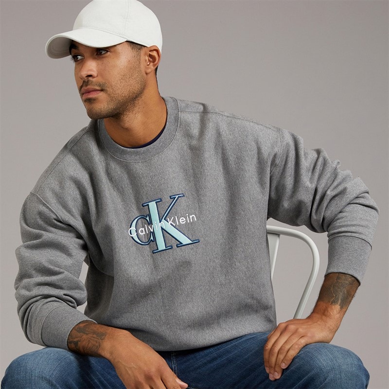 Calvin Klein Jeans Mens Premium Tri-Color Monologo Sweatshirt Medium Grey Heather