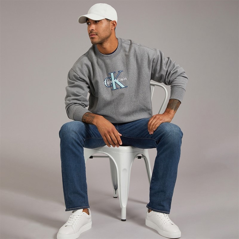 Calvin Klein Jeans Mens Premium Tri-Color Monologo Sweatshirt Medium Grey Heather - Image 2
