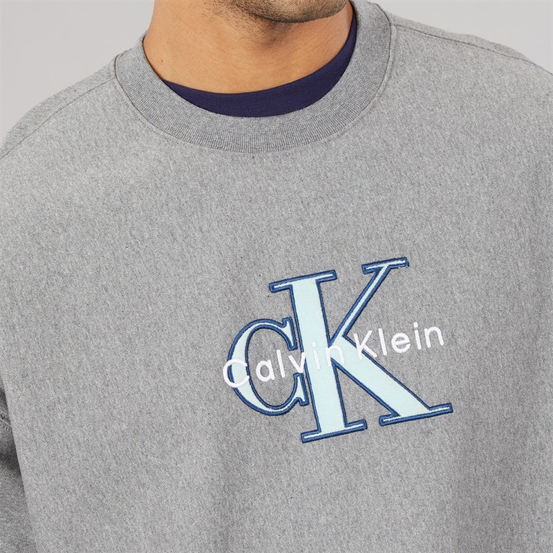 Calvin Klein Jeans Mens Premium Tri-Color Monologo Sweatshirt Medium Grey Heather - Image 3