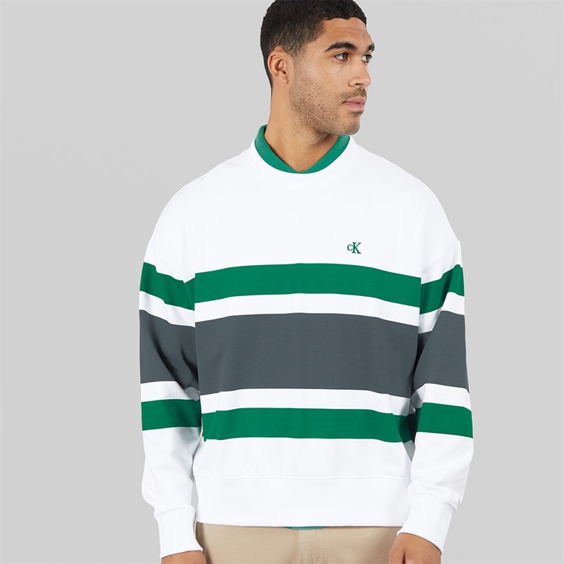 Calvin Klein Jeans Mens Premium Block Stripe Sweatshirt Bright White - Image 1
