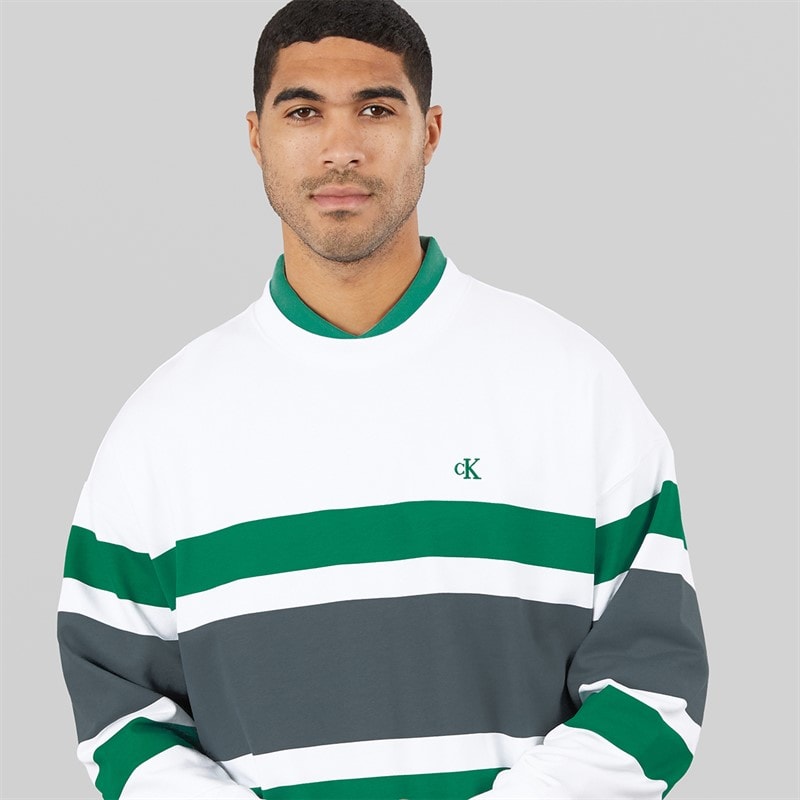 Calvin Klein Jeans Mens Premium Block Stripe Sweatshirt Bright White - Image 3