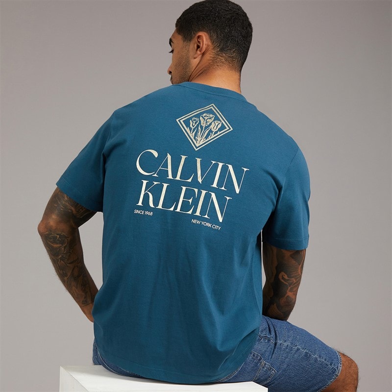 Calvin Klein Jeans Mens Logo Roses Graphic T-Shirt Navy Teal - Image 1