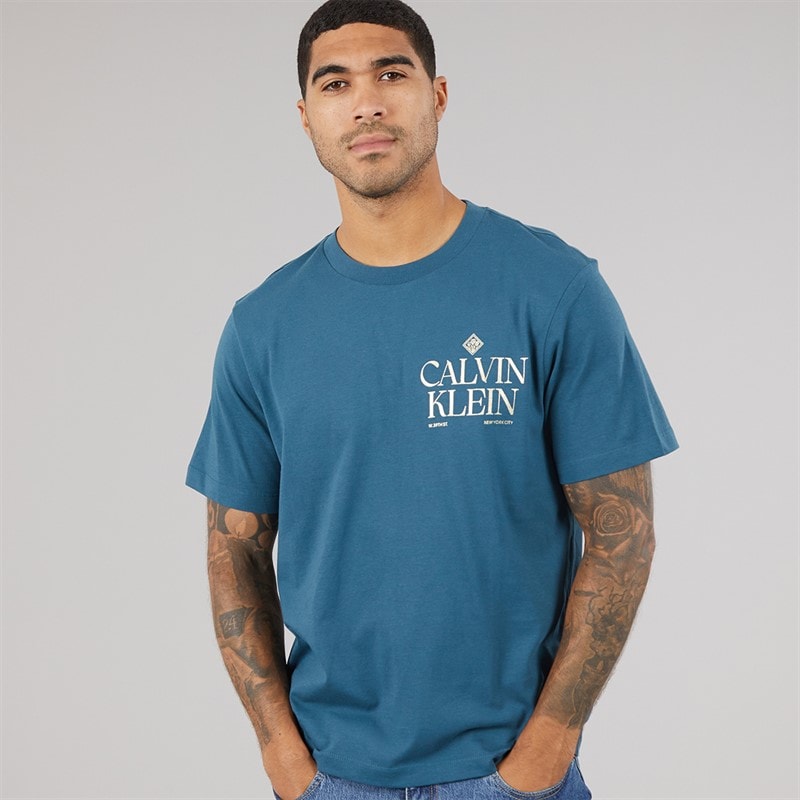 Calvin Klein Jeans Mens Logo Roses Graphic T-Shirt Navy Teal - Image 2