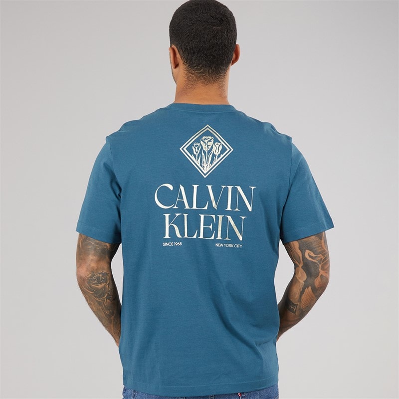 Calvin Klein Jeans Mens Logo Roses Graphic T-Shirt Navy Teal - Image 3