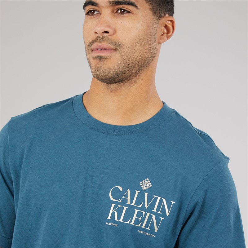 Calvin Klein Jeans Mens Logo Roses Graphic T-Shirt Navy Teal - Image 5