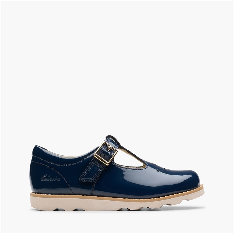 Clarks Girls Crown Print F-Fit T-Bar Shoes Navy - Image 1