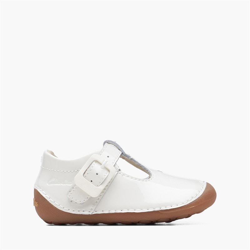 Clarks Infant Girls Tiny Beat H-Fit T-Bar Shoes White Patent - Image 1