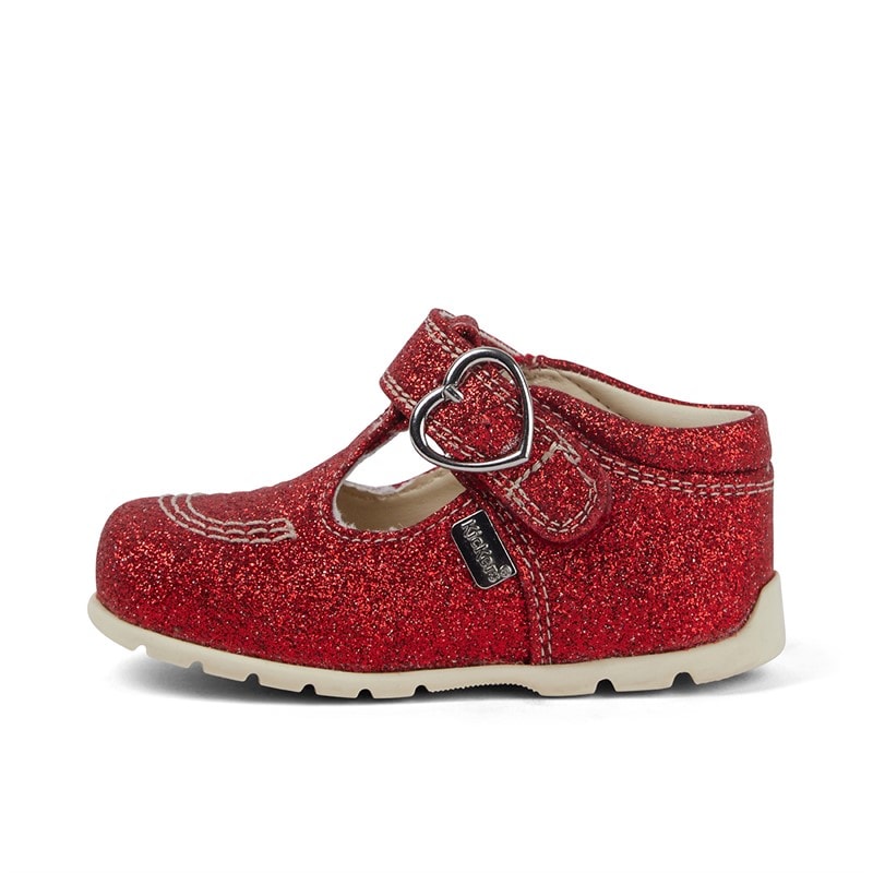 Kickers Baby Girls Kick T-Bar Glitter Leather Shoes Red