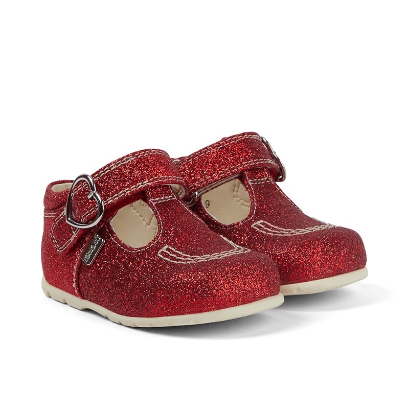 Kickers Baby Girls Kick T-Bar Glitter Leather Shoes Red - Image 2