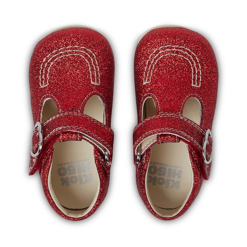 Kickers Baby Girls Kick T-Bar Glitter Leather Shoes Red - Image 3