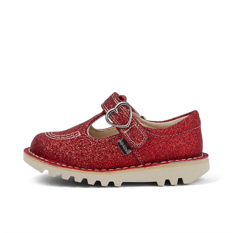 Kickers Infant Girls Kick T-Bar Glitter Shoes Red