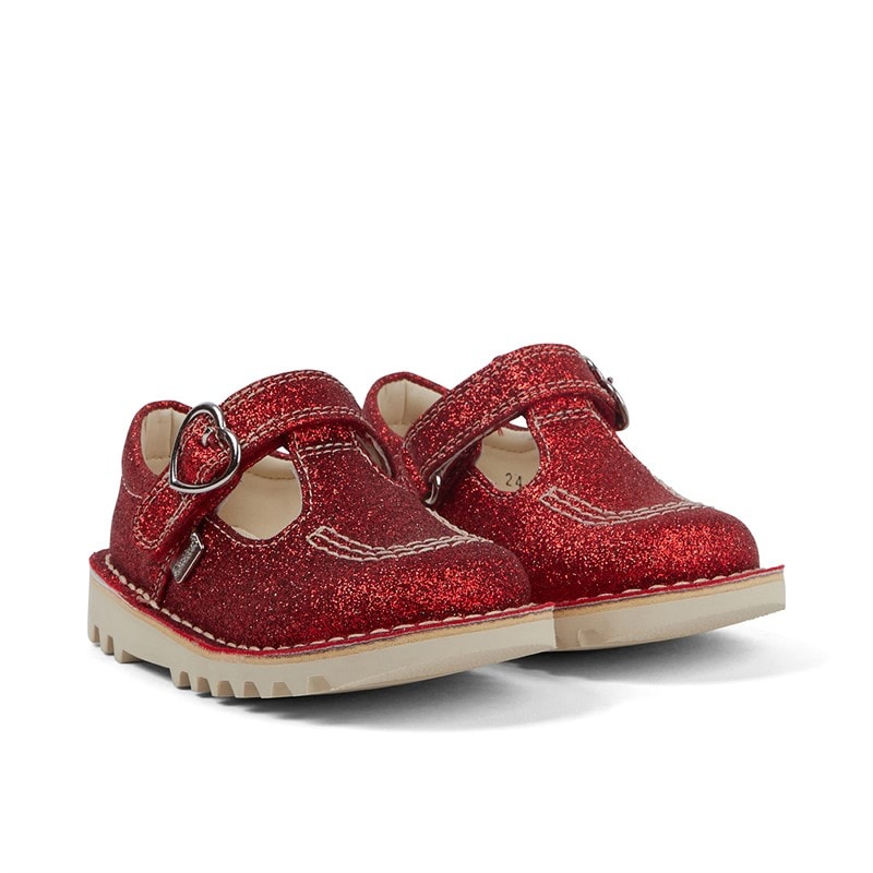Kickers Infant Girls Kick T-Bar Glitter Shoes Red - Image 2