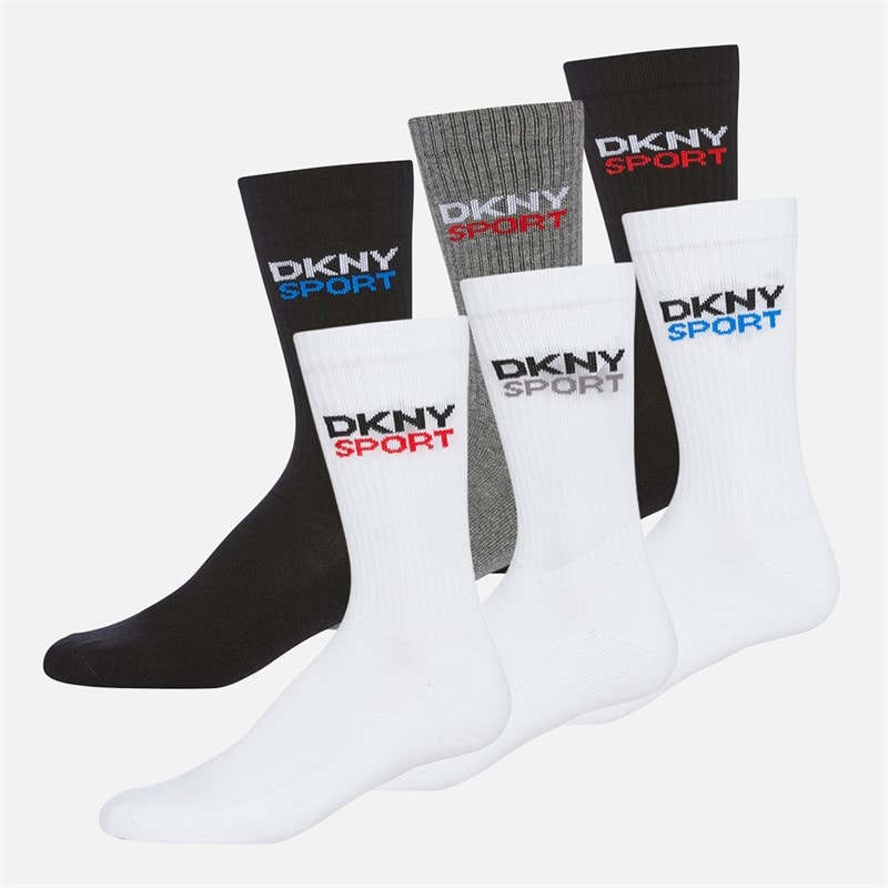 DKNY Mens Dogwood Six Pack Crew Socks White/Black/Grey Marl/Red/Blue - Image 1