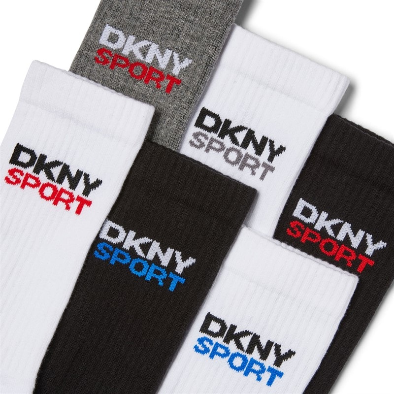DKNY Mens Dogwood Six Pack Crew Socks White/Black/Grey Marl/Red/Blue - Image 2
