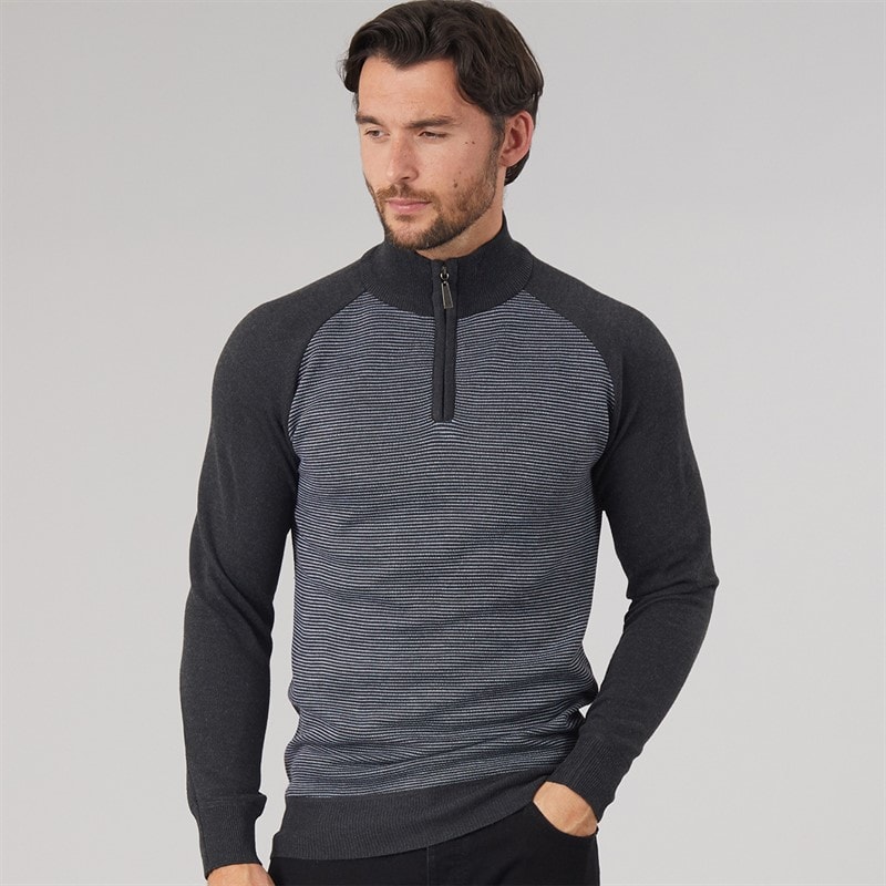 Kangaroo Poo Mens 1/4 Zip Mens Striped Sweater Charcoal Marl/Grey