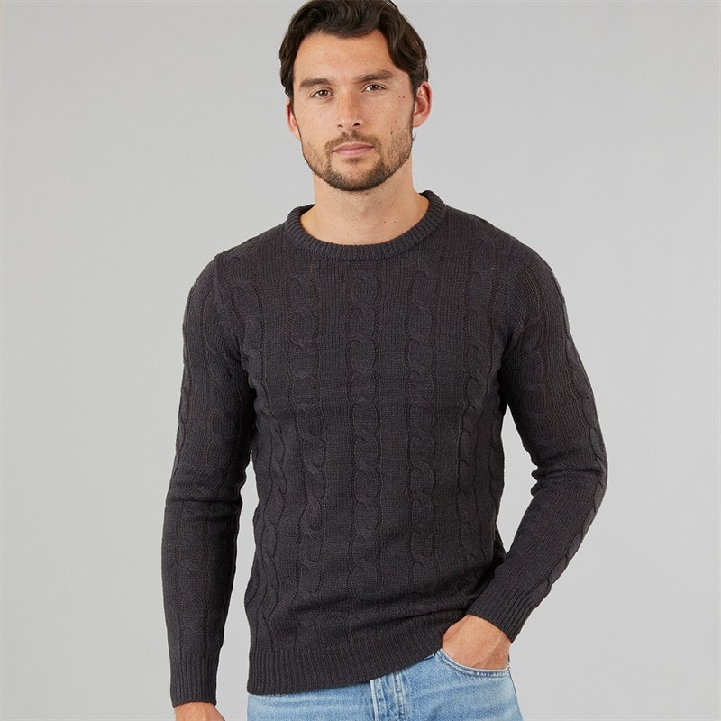 Kangaroo Poo Mens Cable Knit Sweater Charcoal Marl - Image 1