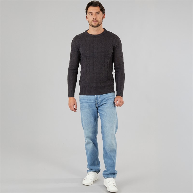 Kangaroo Poo Mens Cable Knit Sweater Charcoal Marl - Image 3