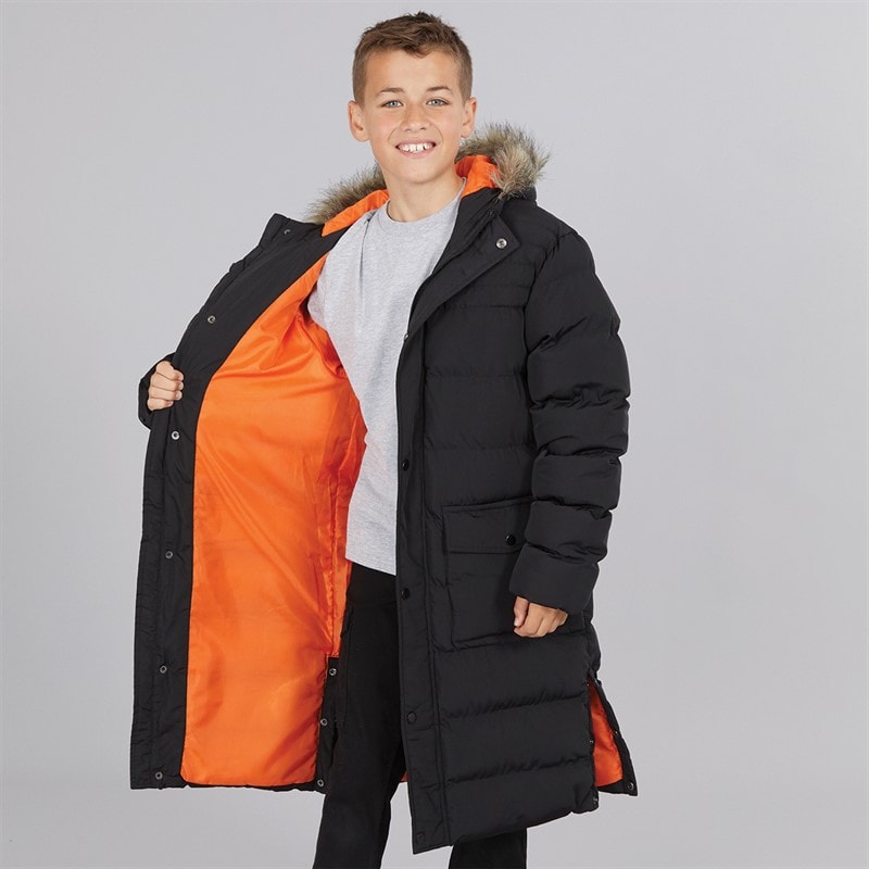 Kangaroo Poo Boys Longline Faux Fur Trim Hooded Jacket Black - Image 1