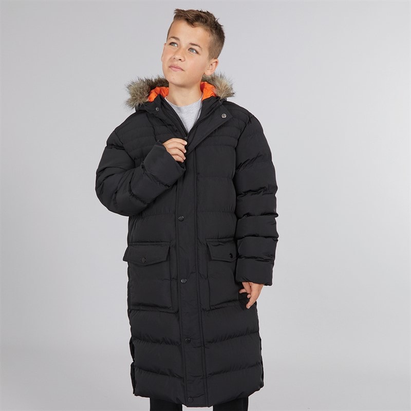 Kangaroo Poo Boys Longline Faux Fur Trim Hooded Jacket Black - Image 3