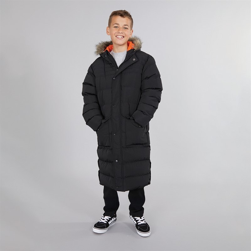 Kangaroo Poo Boys Longline Faux Fur Trim Hooded Jacket Black - Image 4
