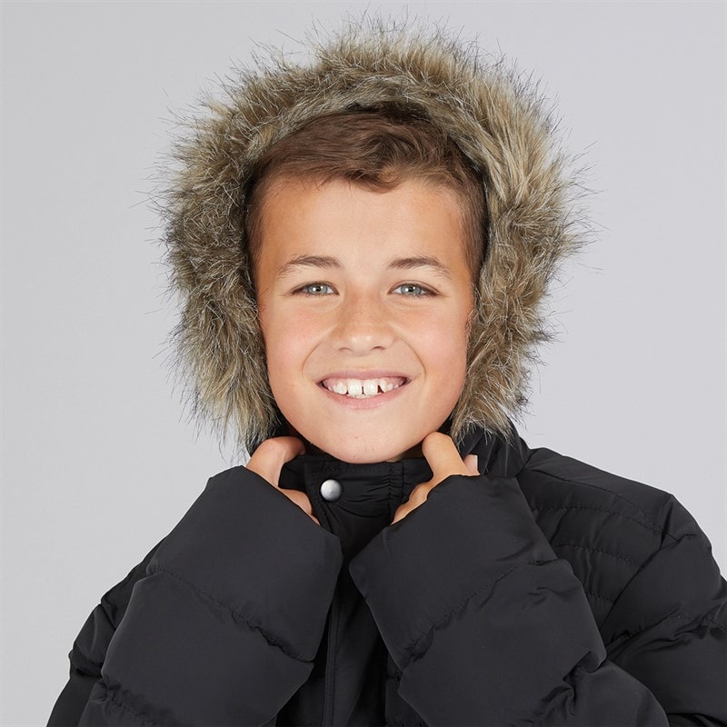 Kangaroo Poo Boys Longline Faux Fur Trim Hooded Jacket Black - Image 5