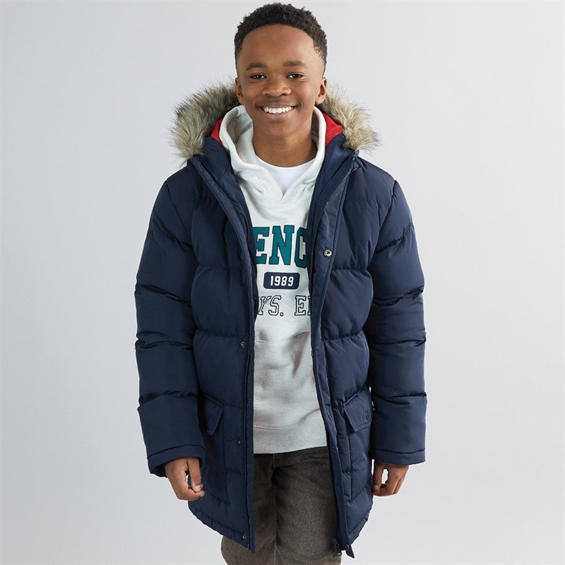 Kangaroo Poo Boys Faux Fur Trim Hood Puffer Jacket Navy - Image 1