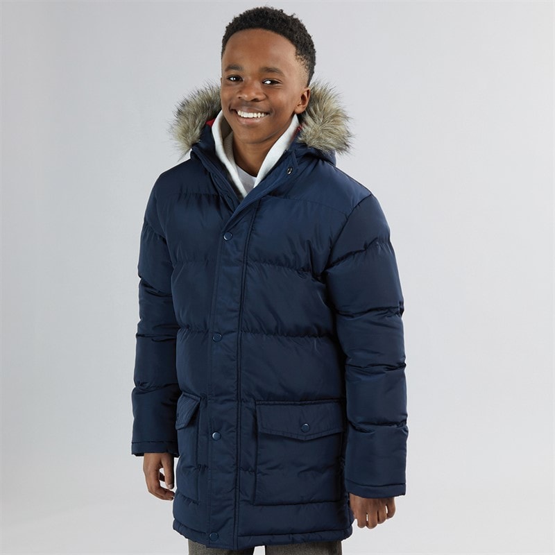 Kangaroo Poo Boys Faux Fur Trim Hood Puffer Jacket Navy - Image 3