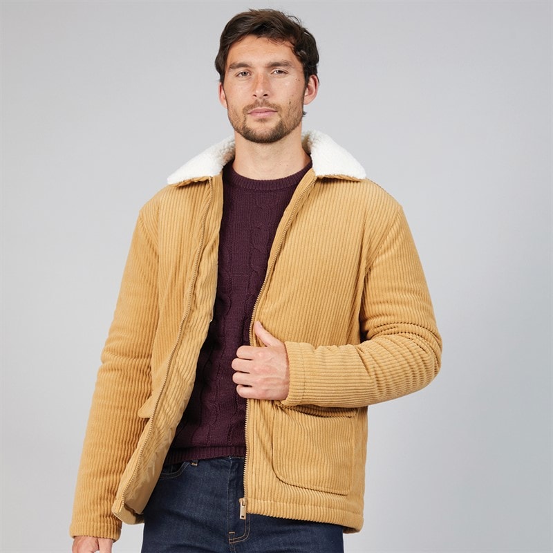 Kangaroo Poo Mens Cord Jacket With Borg Collar Dark Beige - Image 1