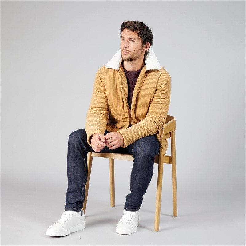 Kangaroo Poo Mens Cord Jacket With Borg Collar Dark Beige - Image 3