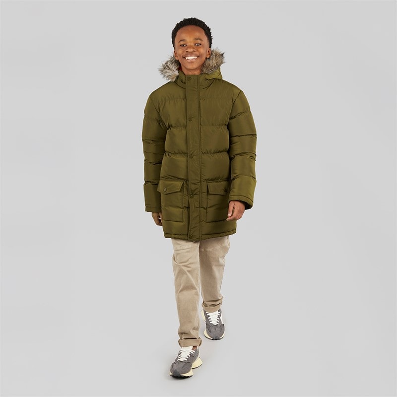 Kangaroo Poo Boys Faux Fur Trim Hood Puffer Jacket Khaki - Image 3
