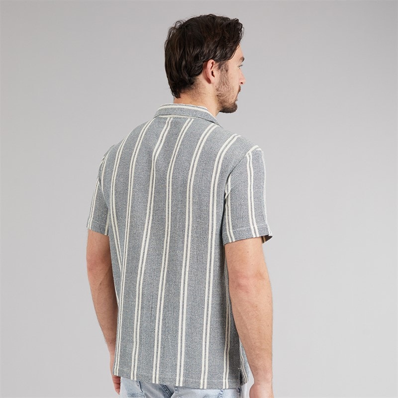 Kangaroo Poo Mens Textured Shirt Ecru/Teal Stripe - Image 2