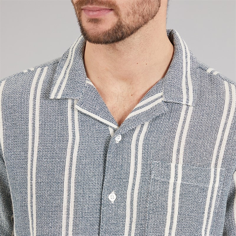 Kangaroo Poo Mens Textured Shirt Ecru/Teal Stripe - Image 3