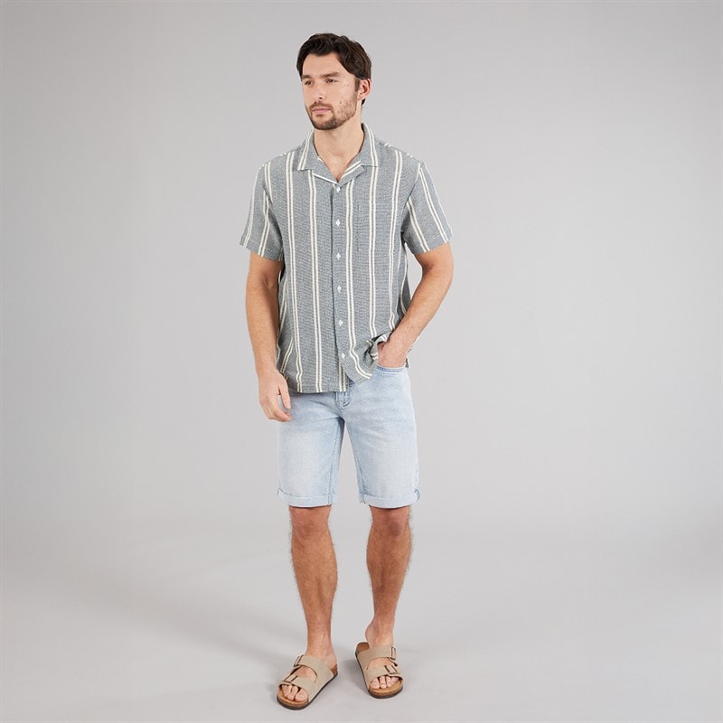 Kangaroo Poo Mens Textured Shirt Ecru/Teal Stripe - Image 4