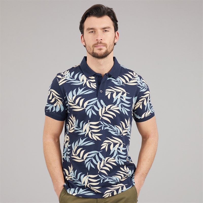 Kangaroo Poo Mens Fern Print Polo Shirt Navy/White