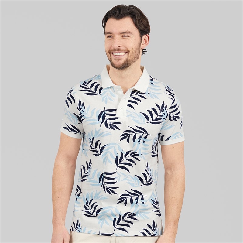 Kangaroo Poo Mens Fern Print Polo Shirt White/Navy