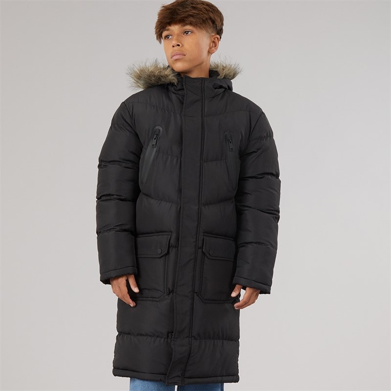 Kangaroo Poo Boys Longline Faux Fur Trim Hooded Coat Black - Image 3
