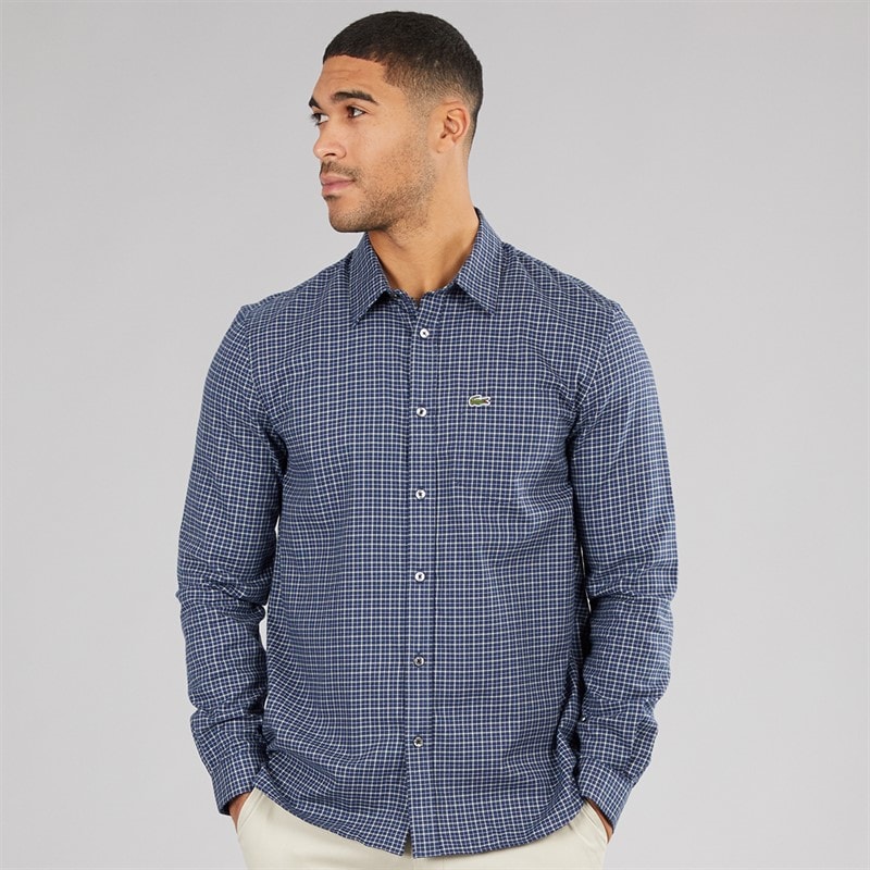 Lacoste Mens Long Sleeve Flannel Shirt Navy Blue/Flour - Image 3