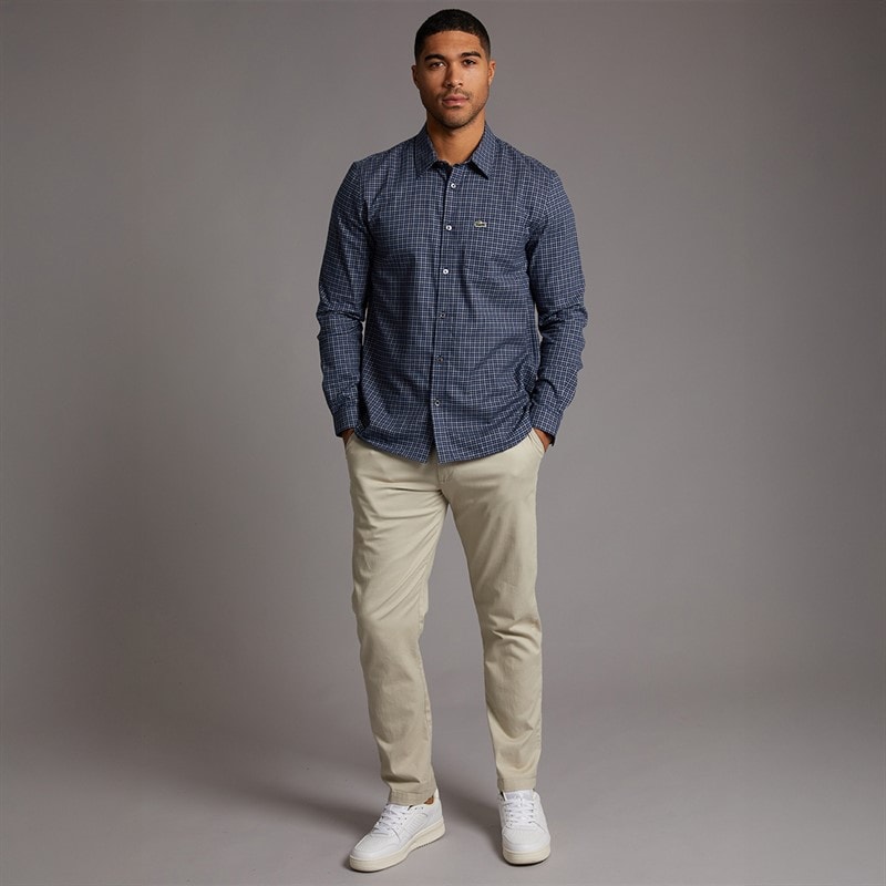 Lacoste Mens Long Sleeve Flannel Shirt Navy Blue/Flour - Image 4