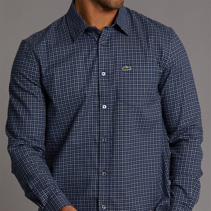 Lacoste Mens Long Sleeve Flannel Shirt Navy Blue/Flour - Image 5