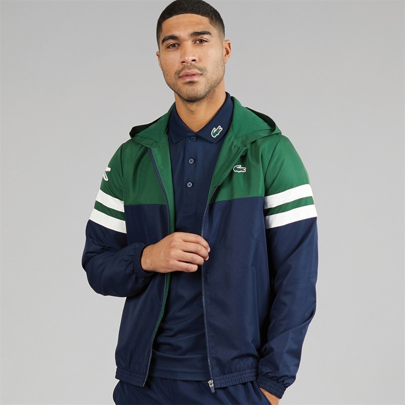 Lacoste Mens Water Repellent Hooded Jacket Navy Blue/Green/White - Image 1