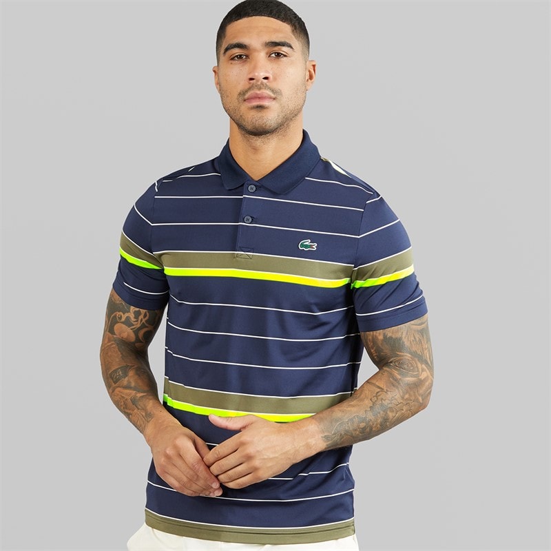 Lacoste Mens Striped Stretch Polo Shirt Navy Blue/Khaki Green/Flashy Yellow - Image 1