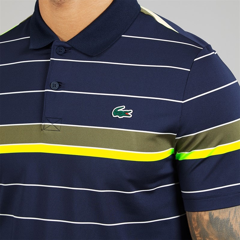 Lacoste Mens Striped Stretch Polo Shirt Navy Blue/Khaki Green/Flashy Yellow - Image 3
