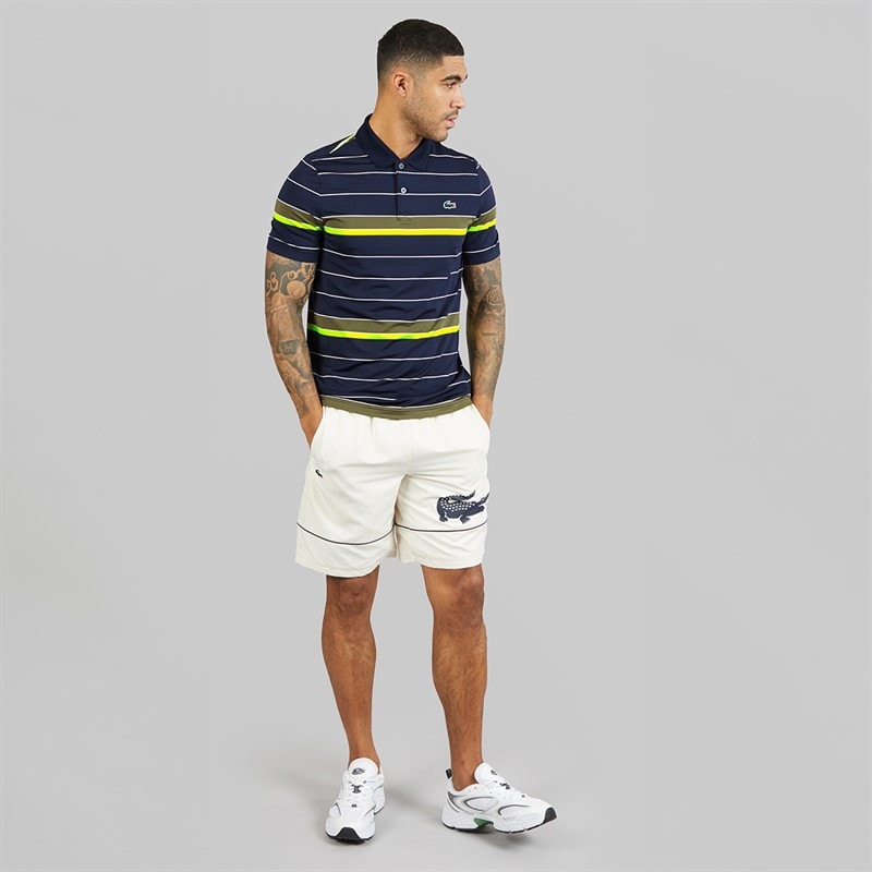 Lacoste Mens Striped Stretch Polo Shirt Navy Blue/Khaki Green/Flashy Yellow - Image 4