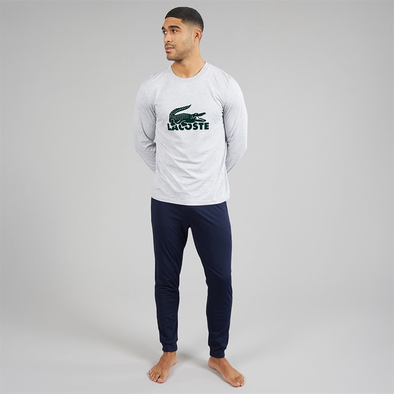 Lacoste Mens Velvet Logo Long Pyjama Set Blue/Grey/Green - Image 4