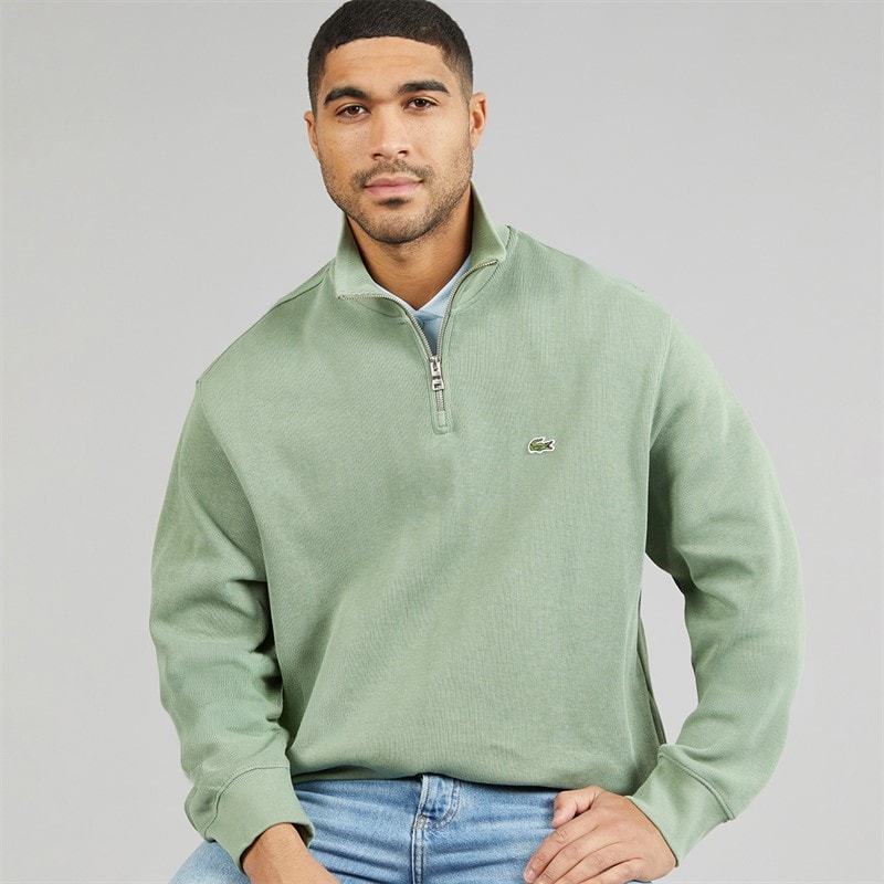 Lacoste Mens Plus Size 1/4 Zip High Neck Interlock Jumper Sage Green - Image 2