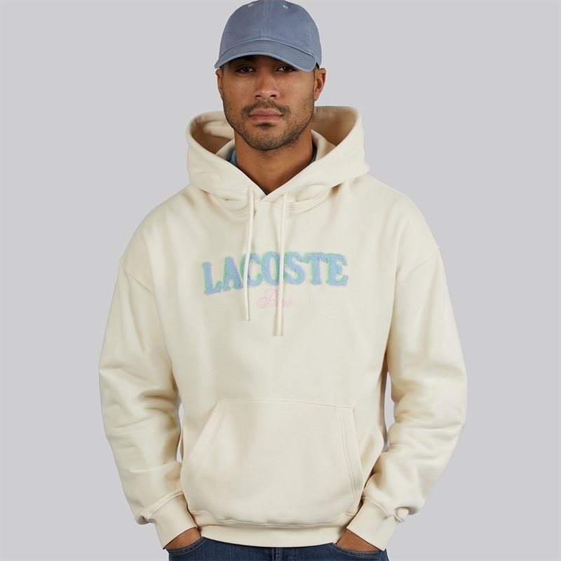 Lacoste Mens Loose Fit Embroidered Hoodie Ecru White - Image 1