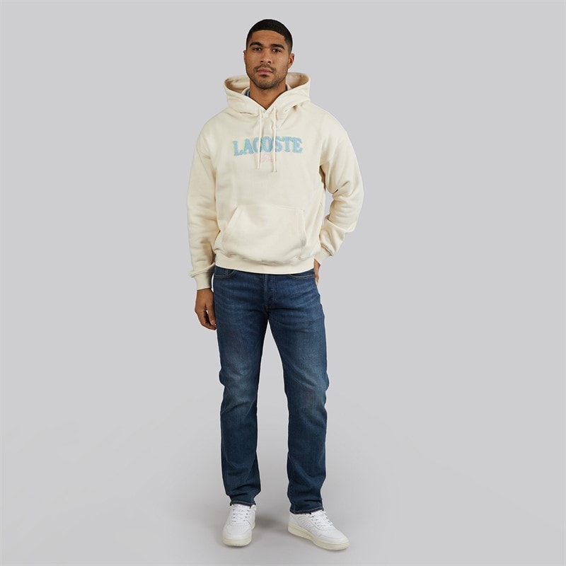 Lacoste Mens Loose Fit Embroidered Hoodie Ecru White - Image 4