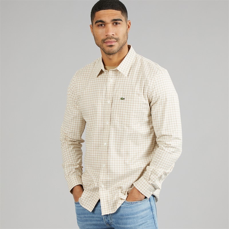 Lacoste Mens Regular Fit Plaid Flannel Shirt White/Brown - Image 5